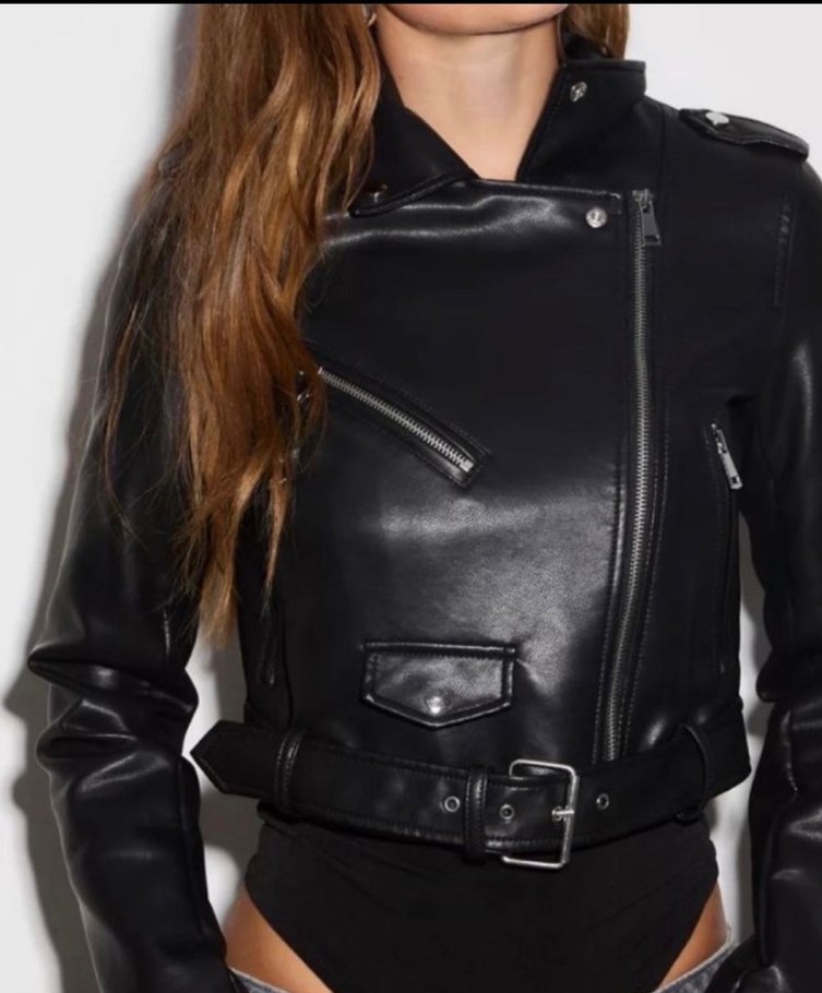 Kadın Siyah Deri Biker Ceket - Görsel 2