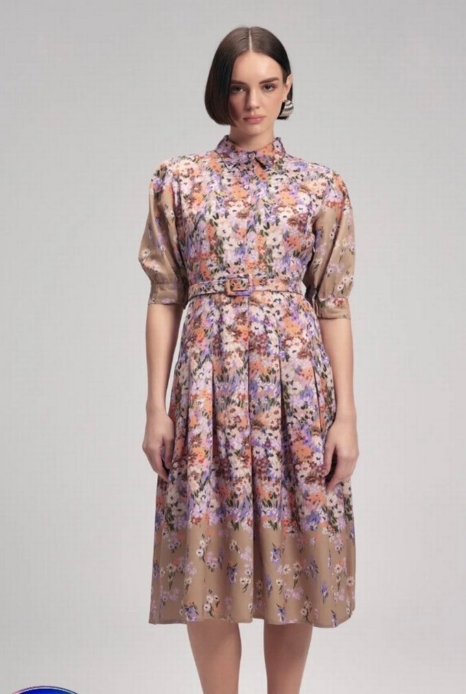 Vintage Tarzda Uzun Bej Çiçekli Elbise - Görsel 2