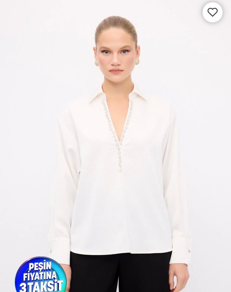 Adil ışık yakası taşlı saten gömlek - Görsel 2