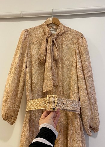 Bej Uzun Kollu Bel Detaylı Bohem Elbise - Görsel 4