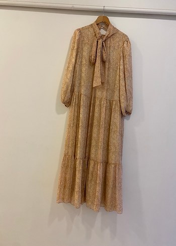 Bej Uzun Kollu Bel Detaylı Bohem Elbise - Görsel 5