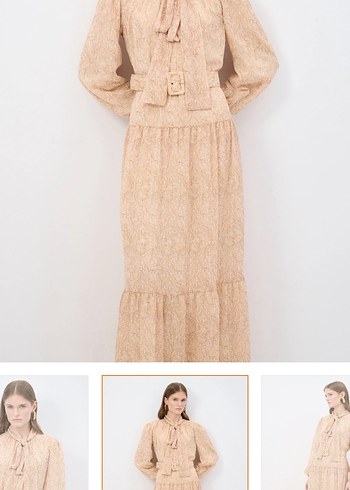 Bej Uzun Kollu Bel Detaylı Bohem Elbise - Görsel 2