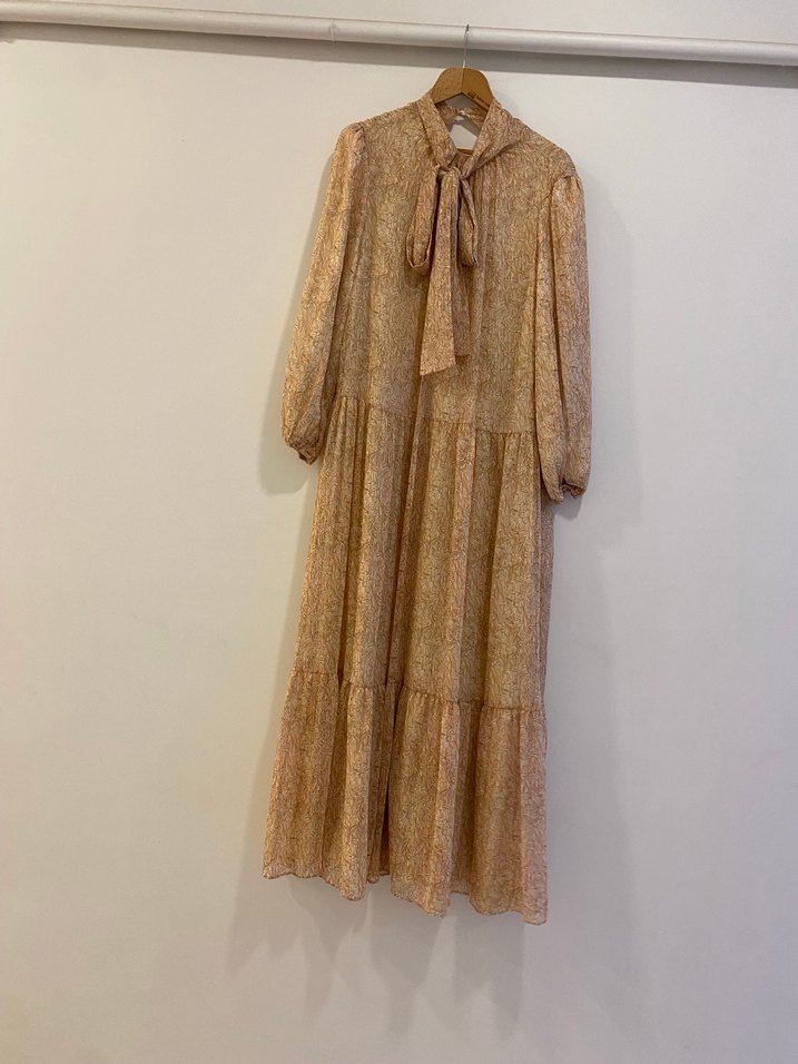 Bej Uzun Kollu Bel Detaylı Bohem Elbise - Görsel 5