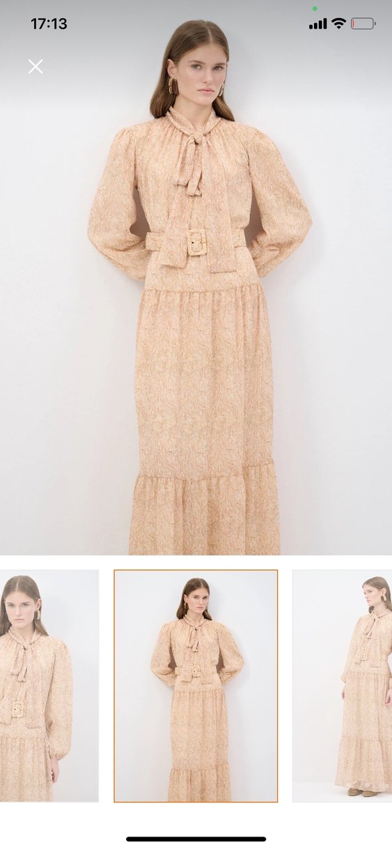 Bej Uzun Kollu Bel Detaylı Bohem Elbise - Görsel 2