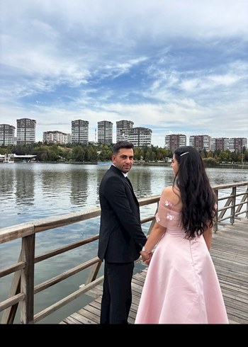 38 Beden Pudra Pembe kayık yaka Abiye Elbise nişan elbisesi