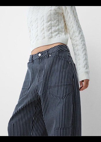 Çizgili Gri Beyaz Denim Kadın Pantolon 36 38 beden bershka