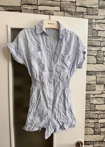 Mango Mavi Kısa Kollu Keten Tulum - Görsel 3