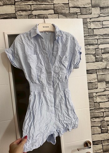 Mango Mavi Kısa Kollu Keten Tulum - Görsel 2