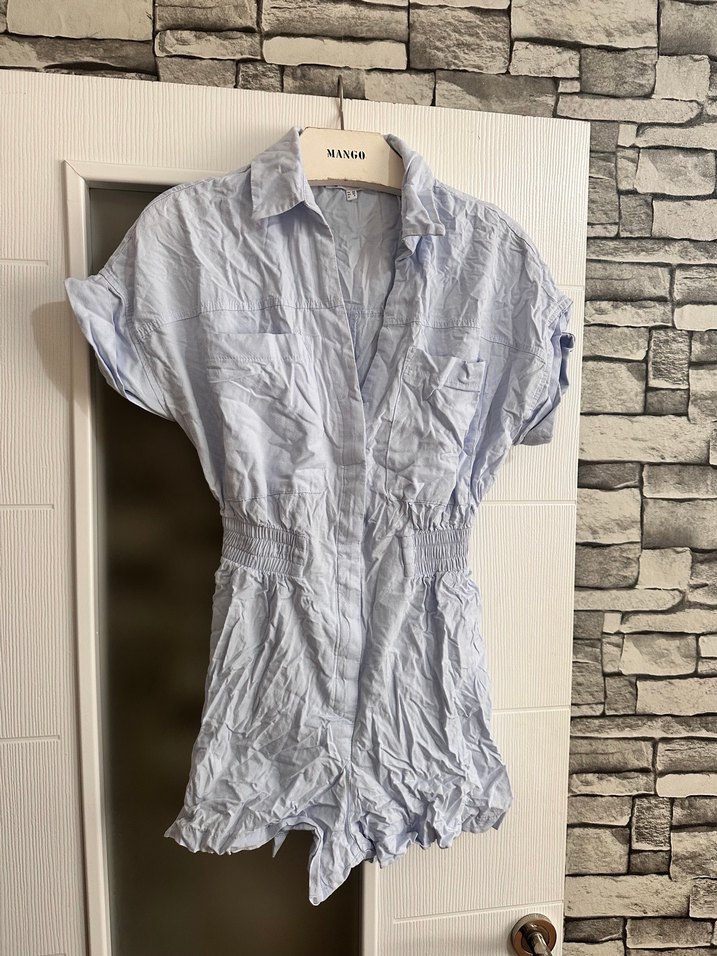 Mango Mavi Kısa Kollu Keten Tulum - Görsel 3