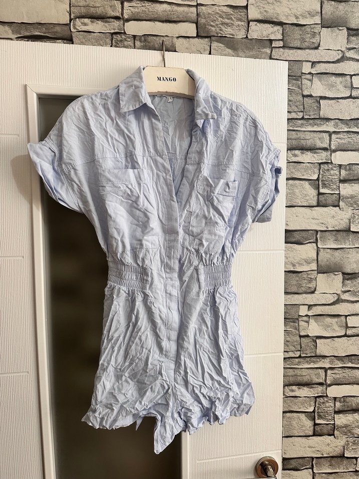 Mango Mavi Kısa Kollu Keten Tulum - Görsel 4