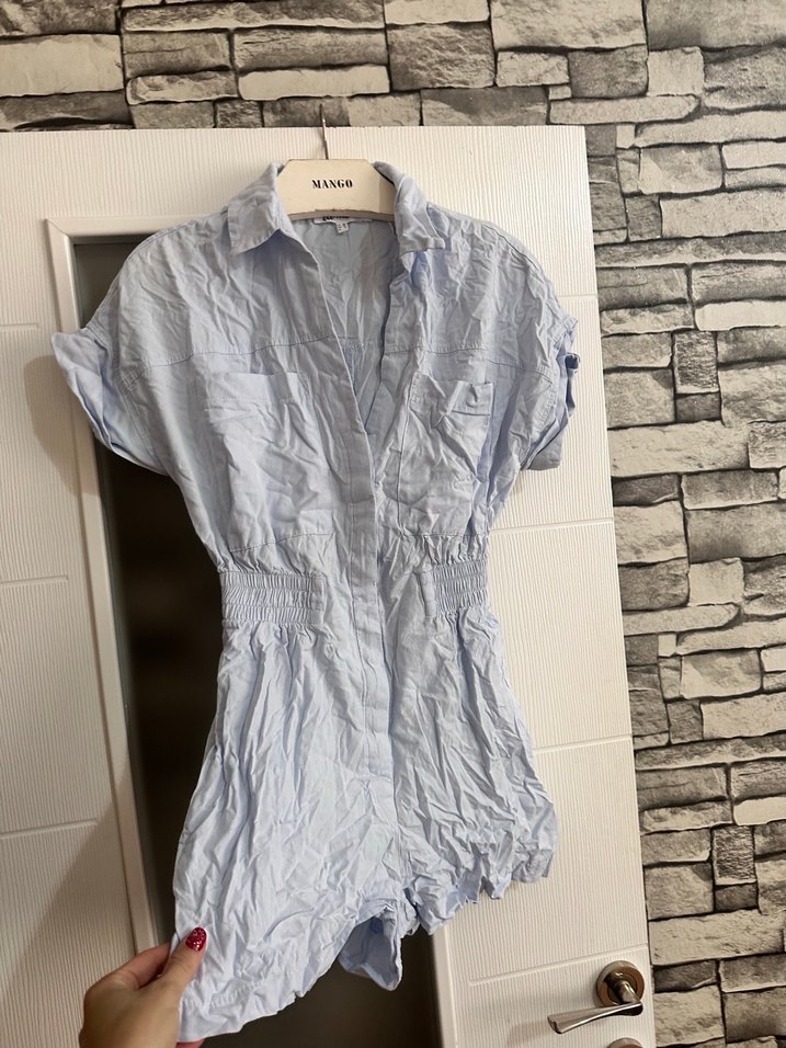 Mango Mavi Kısa Kollu Keten Tulum - Görsel 2