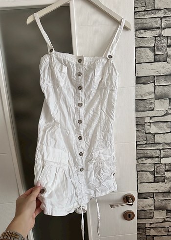 Bershka Düğmeli Beyaz Keten Mini Tulum - Görsel 2