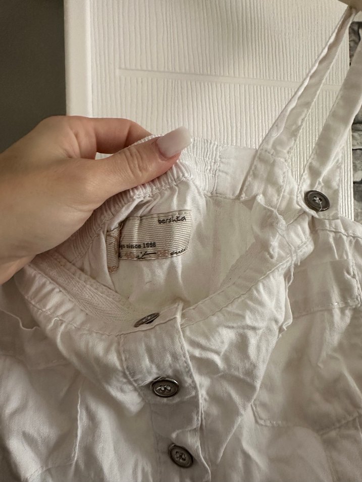 Bershka Düğmeli Beyaz Keten Mini Tulum - Görsel 3