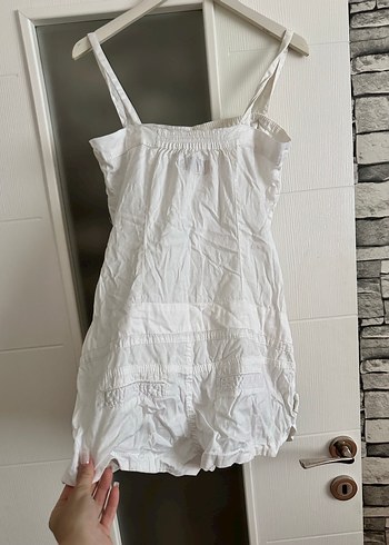 BershkaDüğmeli Beyaz Keten Kadın Tulum - Görsel 3