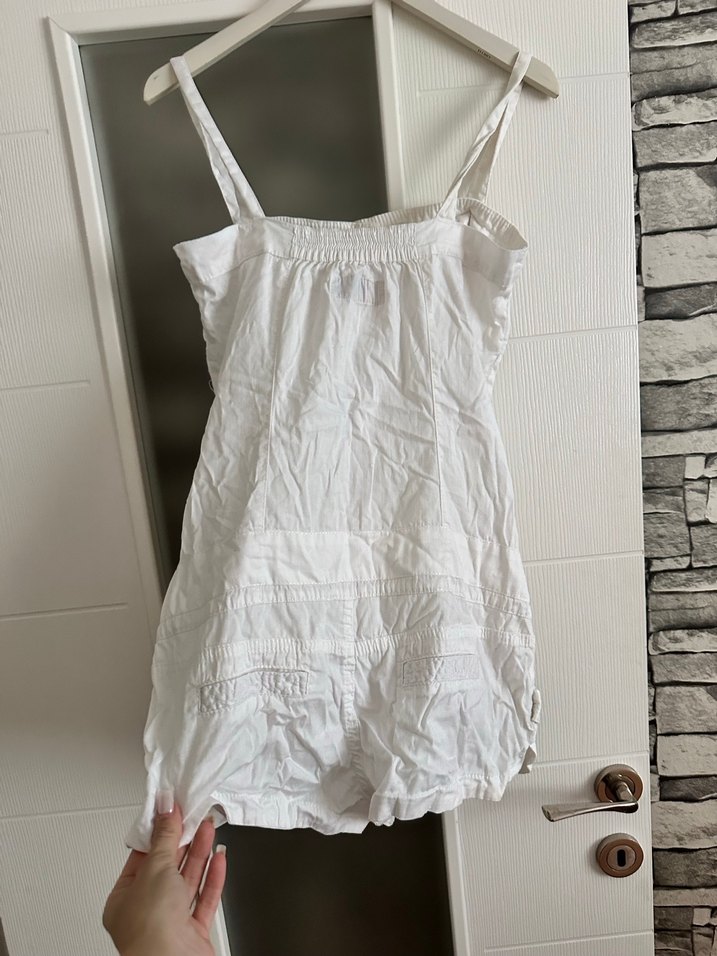 BershkaDüğmeli Beyaz Keten Kadın Tulum - Görsel 3