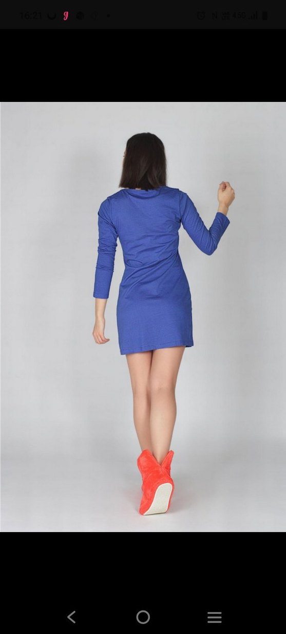 Uzun Kollu Mavi Mini Elbise - Görsel 2