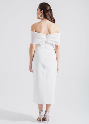 Kadın beyaz kayık yaka fiyonklu midi elbise - Görsel 4
