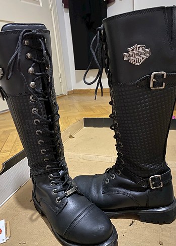 Siyah Deri Yüksek Topuklu Biker Harley Davidson Çizme