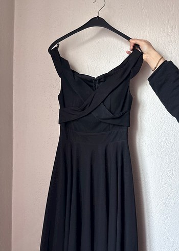 V Yakalı Siyah Uzun Drapeli Kadın Elbise - Görsel 2