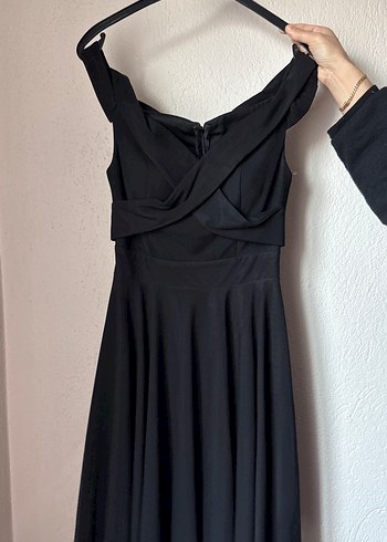 V Yakalı Siyah Uzun Drapeli Kadın Elbise - Görsel 3