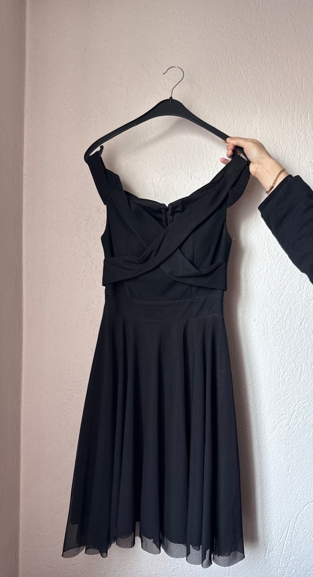 V Yakalı Siyah Uzun Drapeli Kadın Elbise - Görsel 2