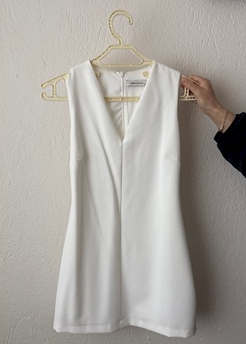 V Yakalı Beyaz Midi Elbise - Görsel 2