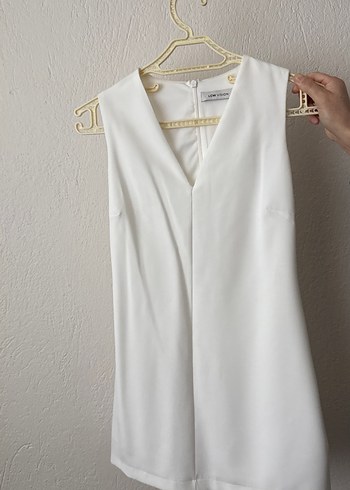 V Yakalı Beyaz Midi Elbise - Görsel 3