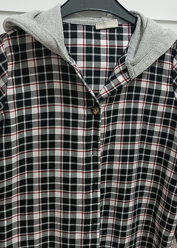 Kapüşonlu Gri Ekose kız çocuk Gömlek - Görsel 3