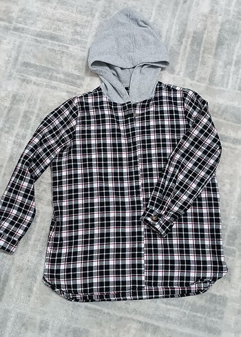 Kapüşonlu Gri Ekose kız çocuk Gömlek - Görsel 2