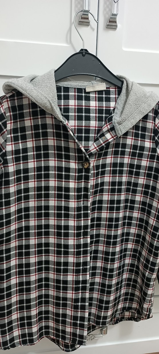 Kapüşonlu Gri Ekose kız çocuk Gömlek - Görsel 3