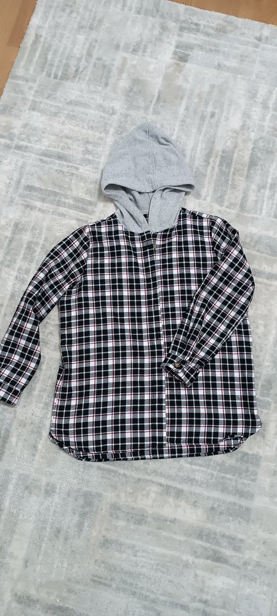 Kapüşonlu Gri Ekose kız çocuk Gömlek - Görsel 2