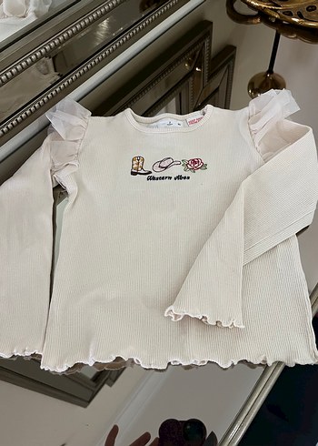 ZARA Kız Çocuk Beyaz Pamuklu fitilli uzun kollu tshirt