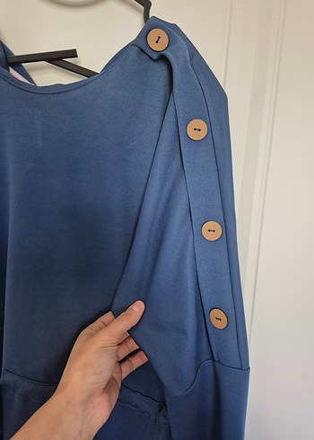 Düğmeli Uzun Kollu Lacivert Triko Elbise - Görsel 4