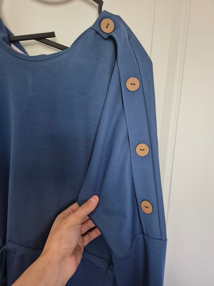 Düğmeli Uzun Kollu Lacivert Triko Elbise - Görsel 4