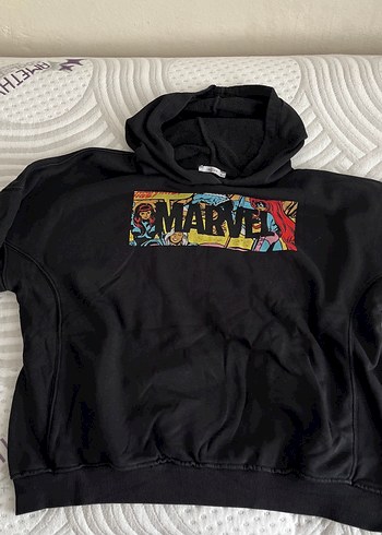 Addax Marvel Baskılı Siyah Kapüşonlu Sweatshirt