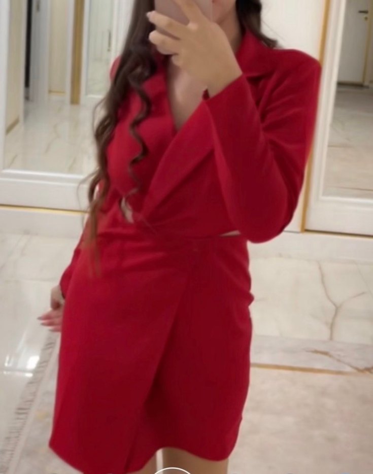 Kırmızı Kadın Uzun Kollu İnce Elbise - Görsel 2