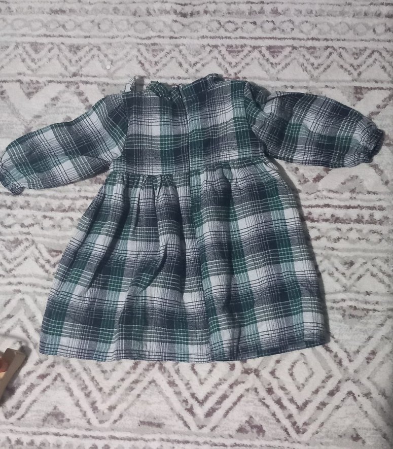 Gri Kareli Uzun Kollu Fırfırlı Kız Elbisesi - Görsel 2