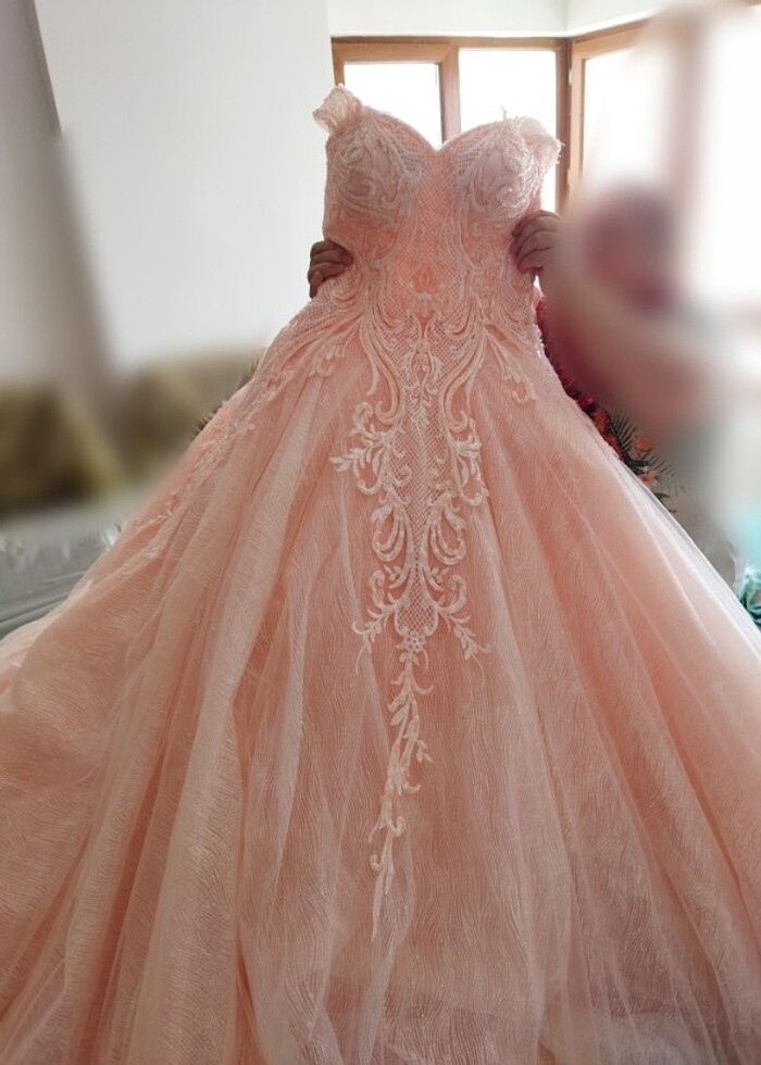 Somon rengi kabarık abiye  - Görsel 2