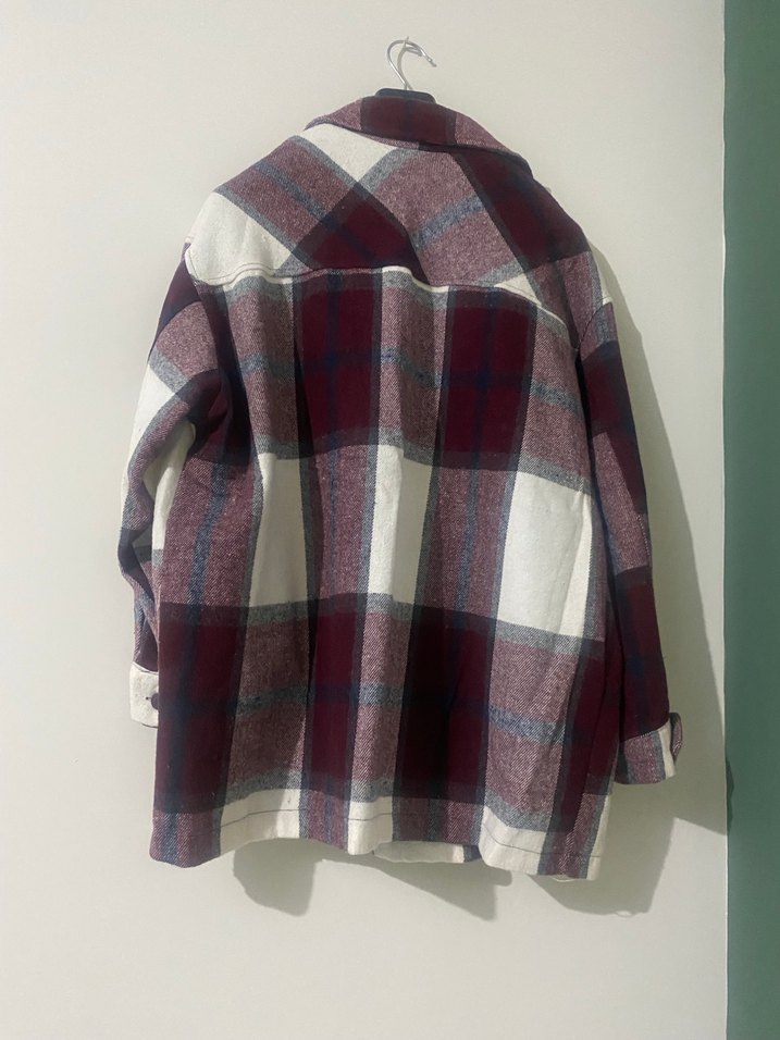 Düğmeli Bordo Gri Ekose Oversize Kadın Gömlek - Görsel 2