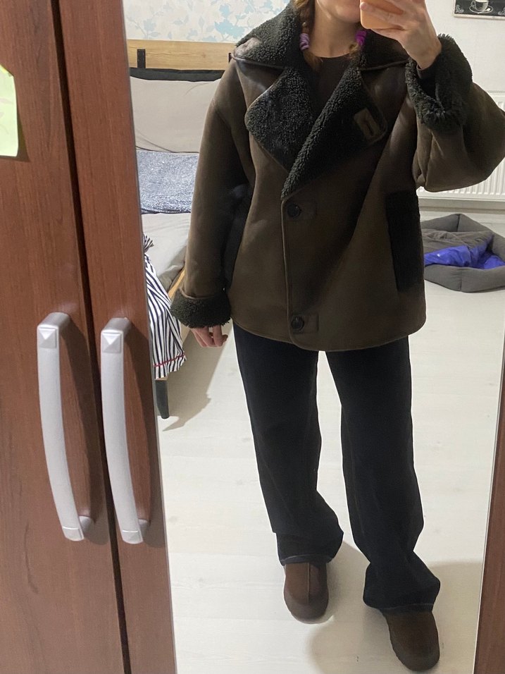 Zara Kahverengi Kürklü Deri kaban - Görsel 5