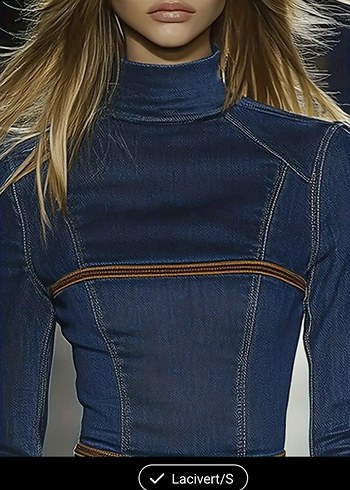 Lacivert Yüksek Yakalı Mini Kot Elbise - Görsel 4