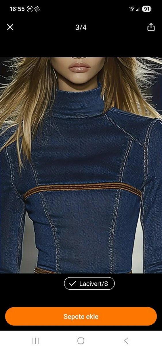 Lacivert Yüksek Yakalı Mini Kot Elbise - Görsel 4