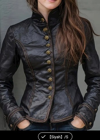 Düğmeli Siyah Deri Gotik Kadın Ceket - Görsel 5