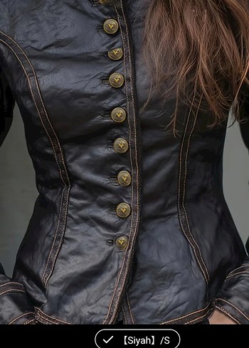 Düğmeli Siyah Deri Gotik Kadın Ceket - Görsel 3