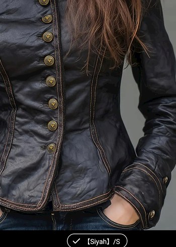 Düğmeli Siyah Deri Gotik Kadın Ceket - Görsel 4