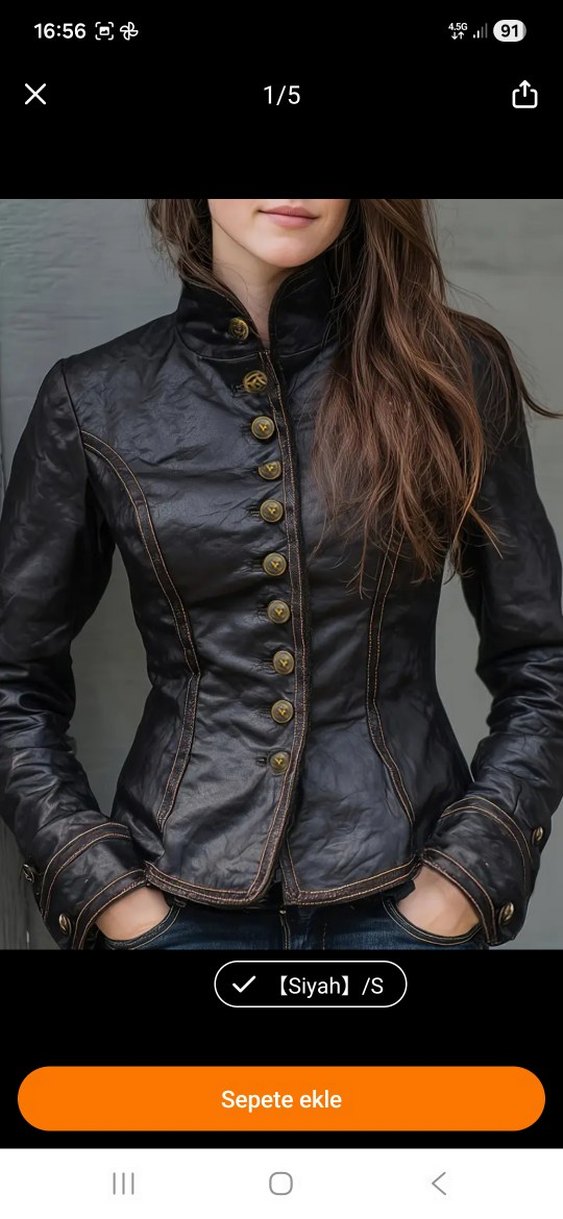 Düğmeli Siyah Deri Gotik Kadın Ceket - Görsel 5