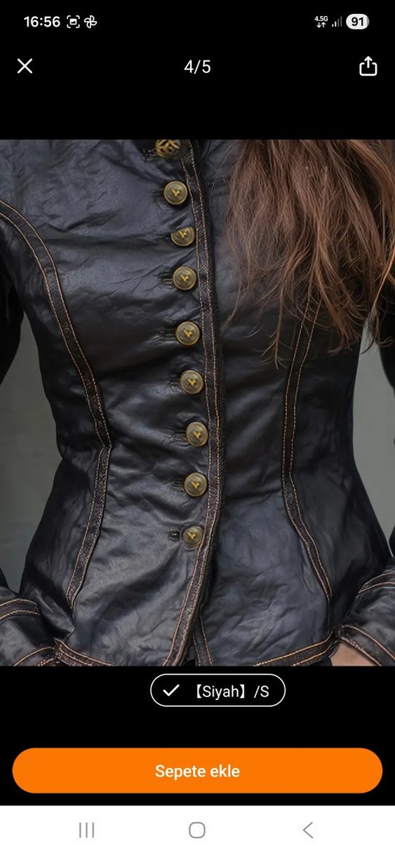 Düğmeli Siyah Deri Gotik Kadın Ceket - Görsel 3