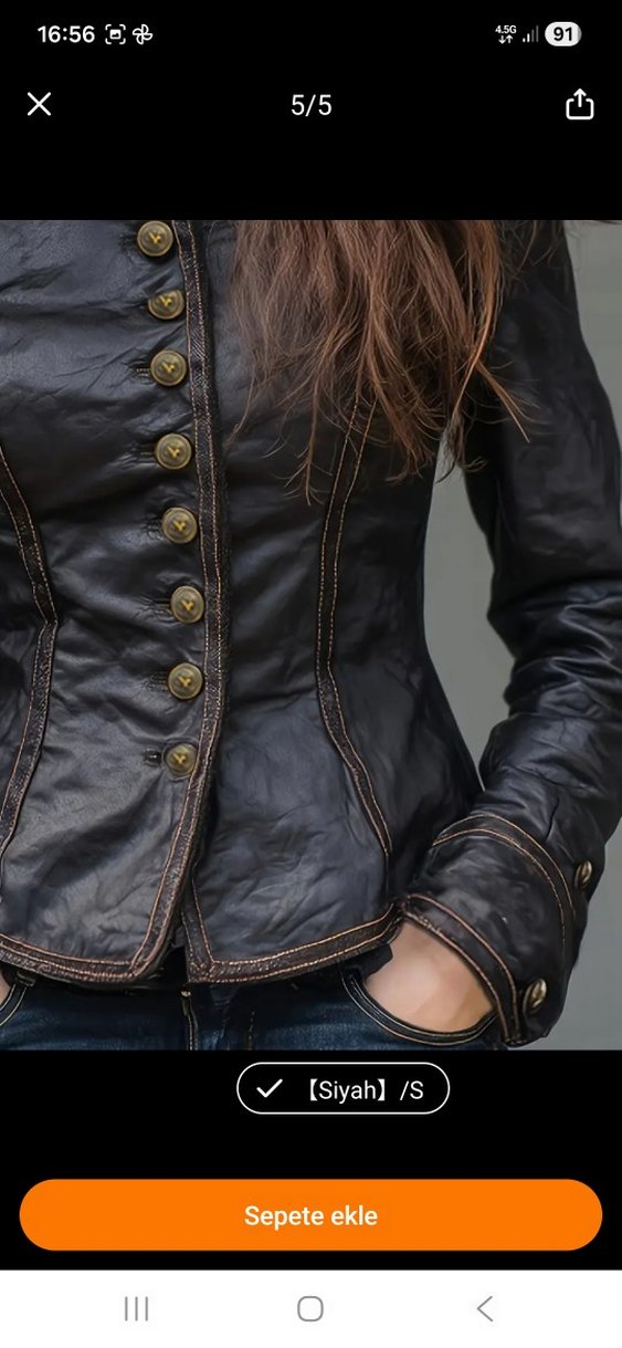 Düğmeli Siyah Deri Gotik Kadın Ceket - Görsel 4