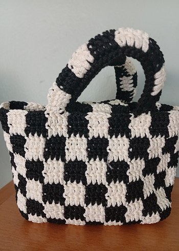 Örgü Siyah Beyaz Kareli Kadın Çanta - Görsel 6