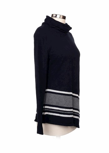 Uzun Kollu Yüksek Yakalı Gri Çizgili Kadın Kazak - Görsel 3